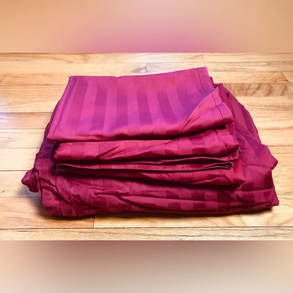 Wamsutta King Sheet Flat 3 pillowcs Damask Stripe Sateen Cotton Garnet Red Dobby